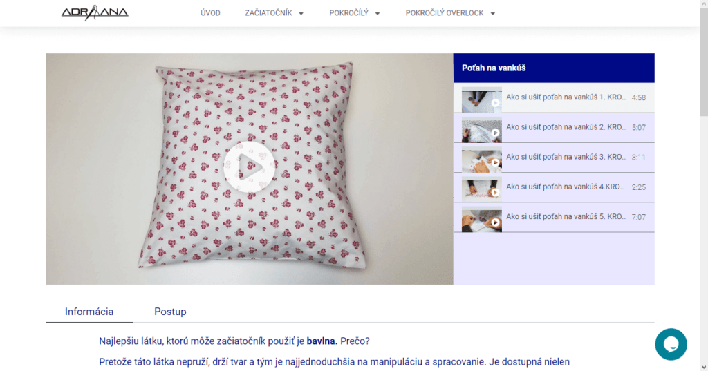 Prostredie online kurzu šitia